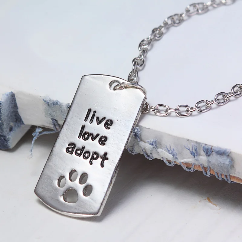 Silver Rectangular Dog Tag Style Men Chain Pendant Necklace Charm Cat