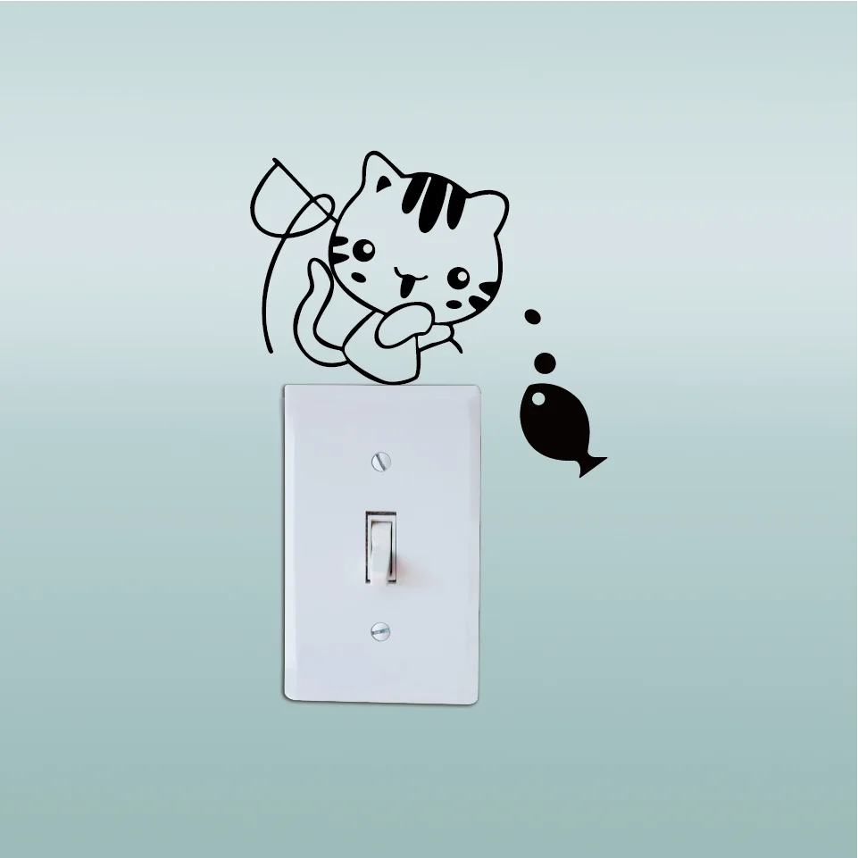 Cute Kitten Fishing Switch Sticker Creative Cartoon Cat Vinyl Wall Sticker for Kids Room Bedroom Home Decor Cute Kitten Fishing Switch Sticker Creative Cartoon Cat Vinyl Wall Sticker for Kids Room Bedroom Home Decor