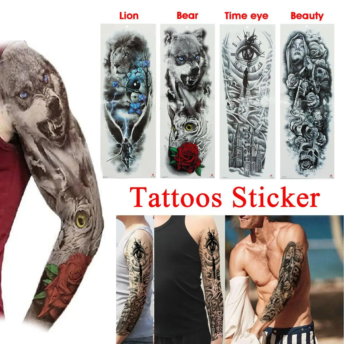 

Lion/Bear/Time eye/Beauty Full Arm Tattoo Temporary Tattoos Sticker Body Paint Waterproof-3D Transfer Fake Flash Tattoo Sleeve