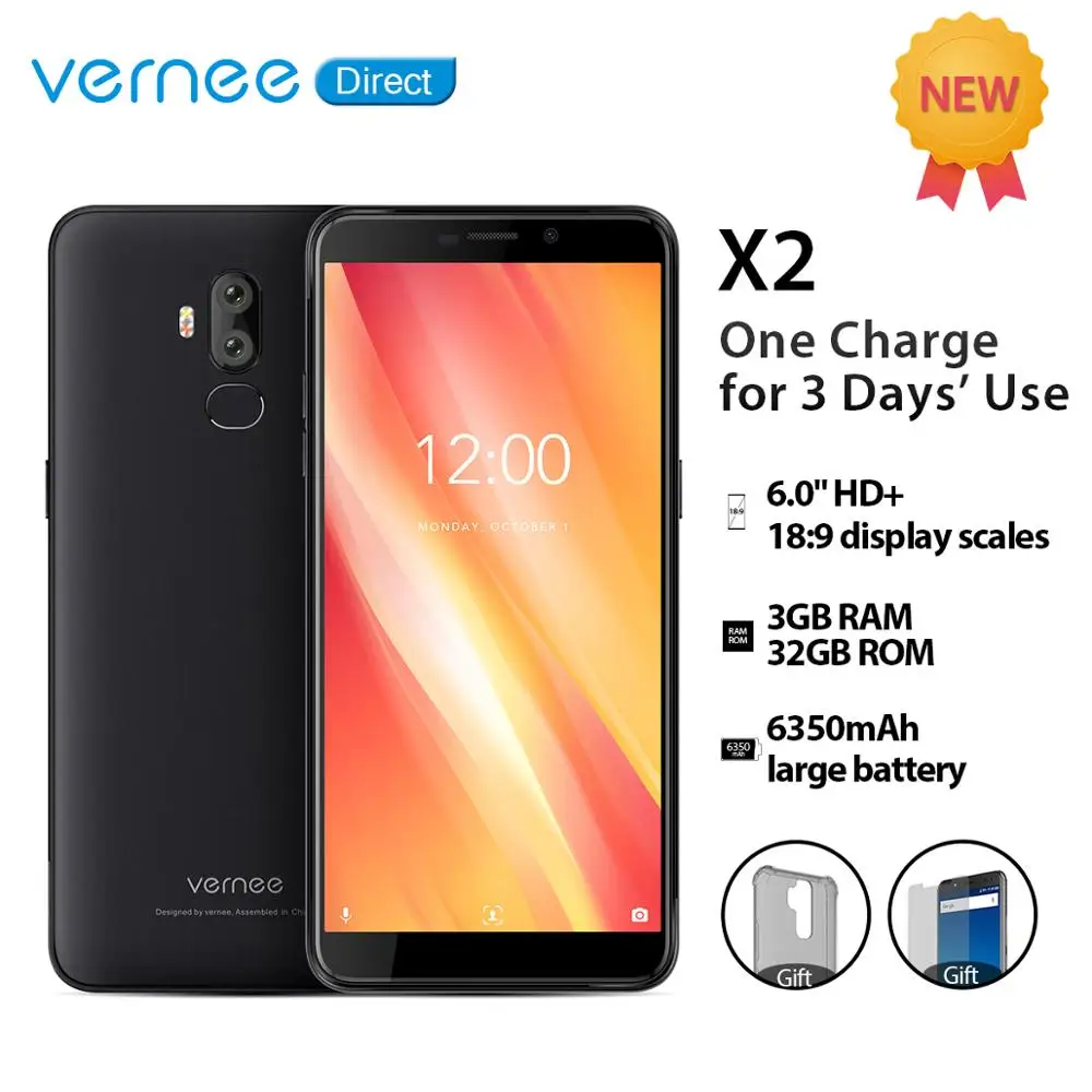 Смартфон Vernee X2, 3 ГБ ОЗУ, 32 Гб ПЗУ, две sim-карты, 6350 мА/ч, 6,0 дюйма, Face ID, 4G LTE, Android 9,0, мобильный телефон