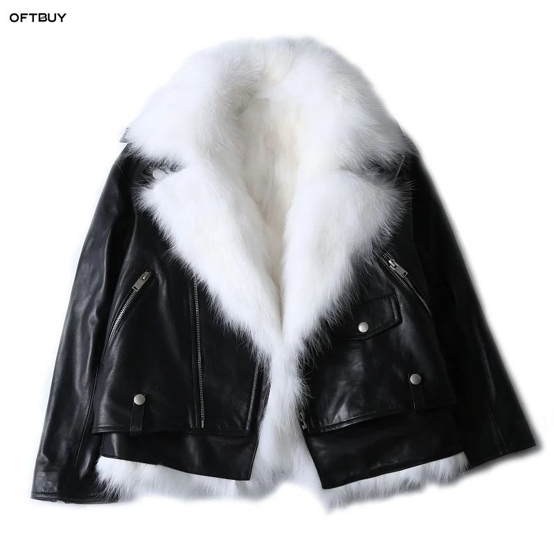 

OFTBUY 2019 winter coat women real fox Fur coat natural sheepskin Genuine Leather Motorcycle bomber jacket warm korean fashion