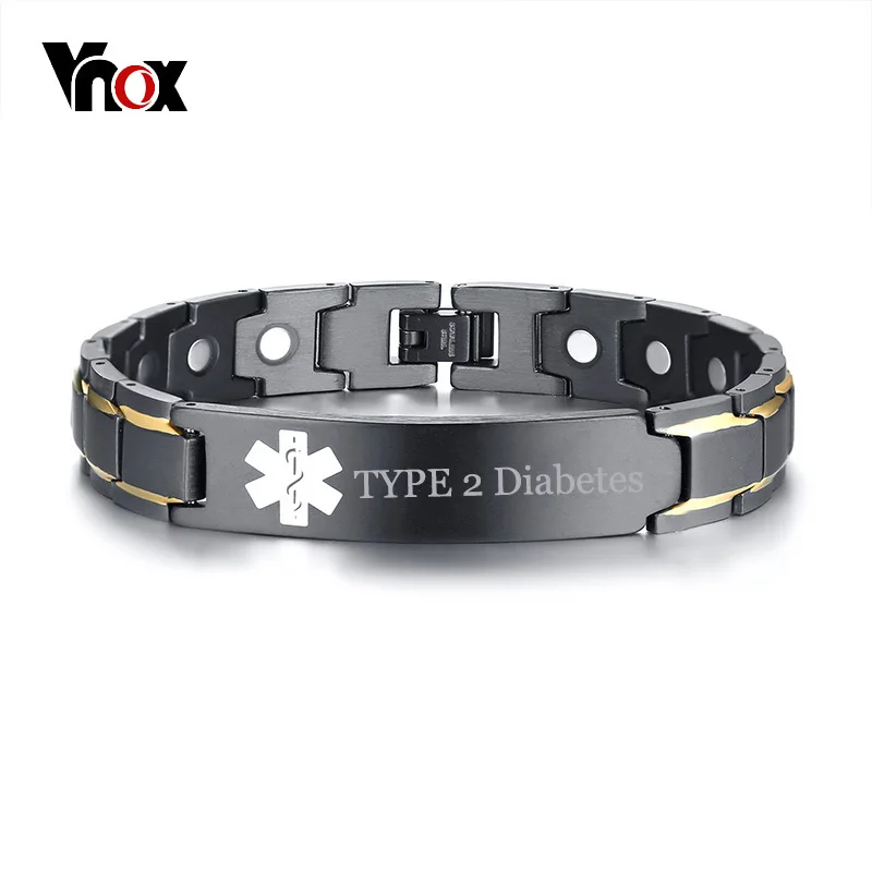Vnox Free Engraving TYPE 2 Diabetes Disease Name Medical Alert ID Bracelets for Men Women Health Therapy Magnetic Bangle Jewelry