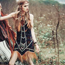 Aporia.AS New Summer Women Ethnic Novelty Peronality Sexy Sleeveless Indian Print Gradient Tassel Slim One-Piece Short Dress