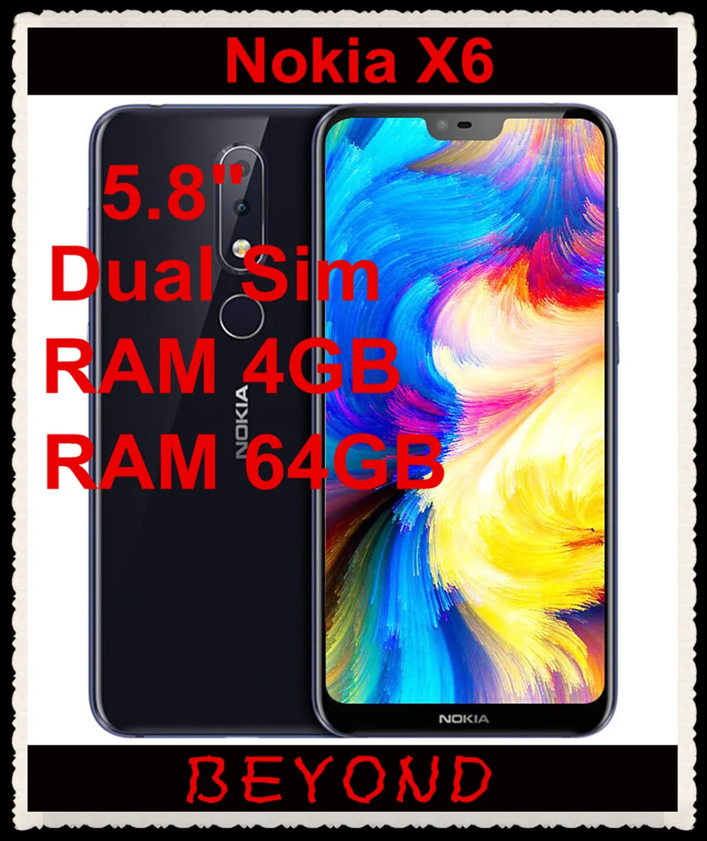 

Nokia X6 Dual Sim 4GB RAM 64GB ROM Original Unlocked Android Mobile Phone LTE GSM 5.8'' Dual 16MP Octa Core 3060mAh Fingerprint