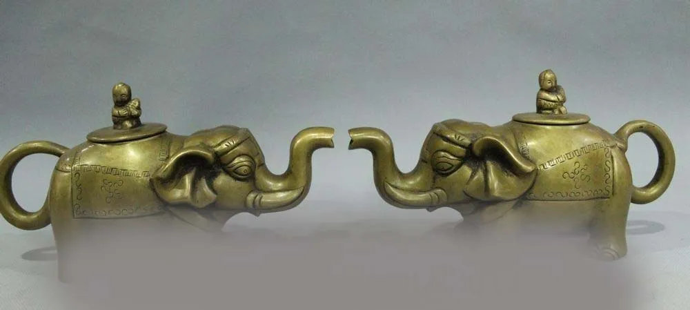 

Marked Chinese FengShui Bronze Elephant Heffalump Wine Pot Flagon TeaPot Pair