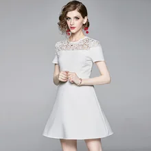 Summer Dress Woman 2019 New Round Neck Patchwork Hollow Out Embroidered Lace Solid Color Short Sleeve Slim Dress Above The Knees trendy short sleeve hollow out embroidered women s dress