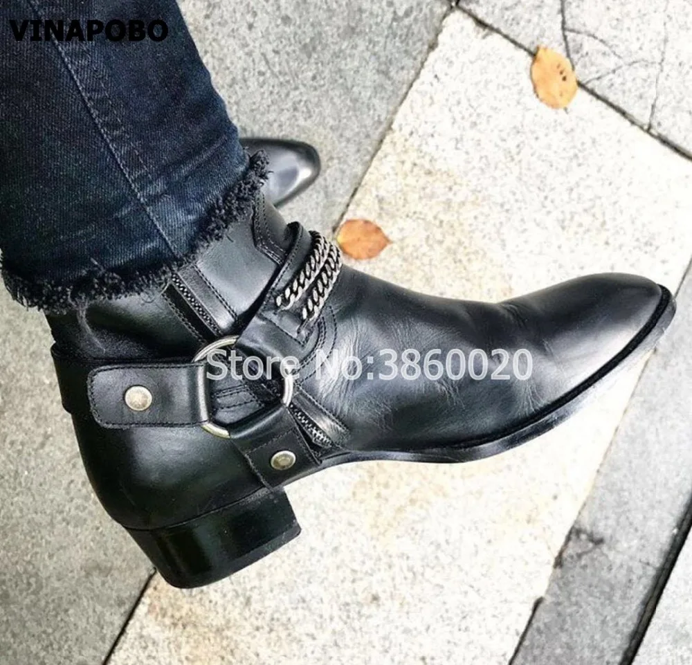 VINAPOBO/; черные мужские ботинки «Челси» из натуральной кожи на плоской подошве с ремешком и пряжкой и цепочкой; ботильоны с эластичными лентами; Роскошная Брендовая обувь