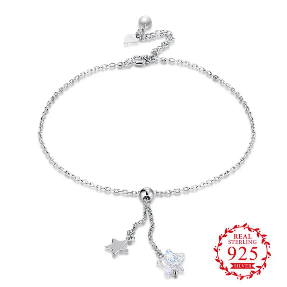 Настоящее преобладающее серебро 925 пробы простой стиль ножной браслет сияющий кристалл кубического циркония магазин со звездой жемчуг для женщин