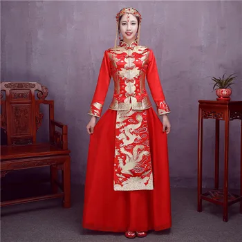 

Hot Sale Women Dragon Phoenix Wedding Dress Simple Vintage A-Line Cheongsam Suit Long Sleeve Slim Qipao Stage Show 3XL Gowns