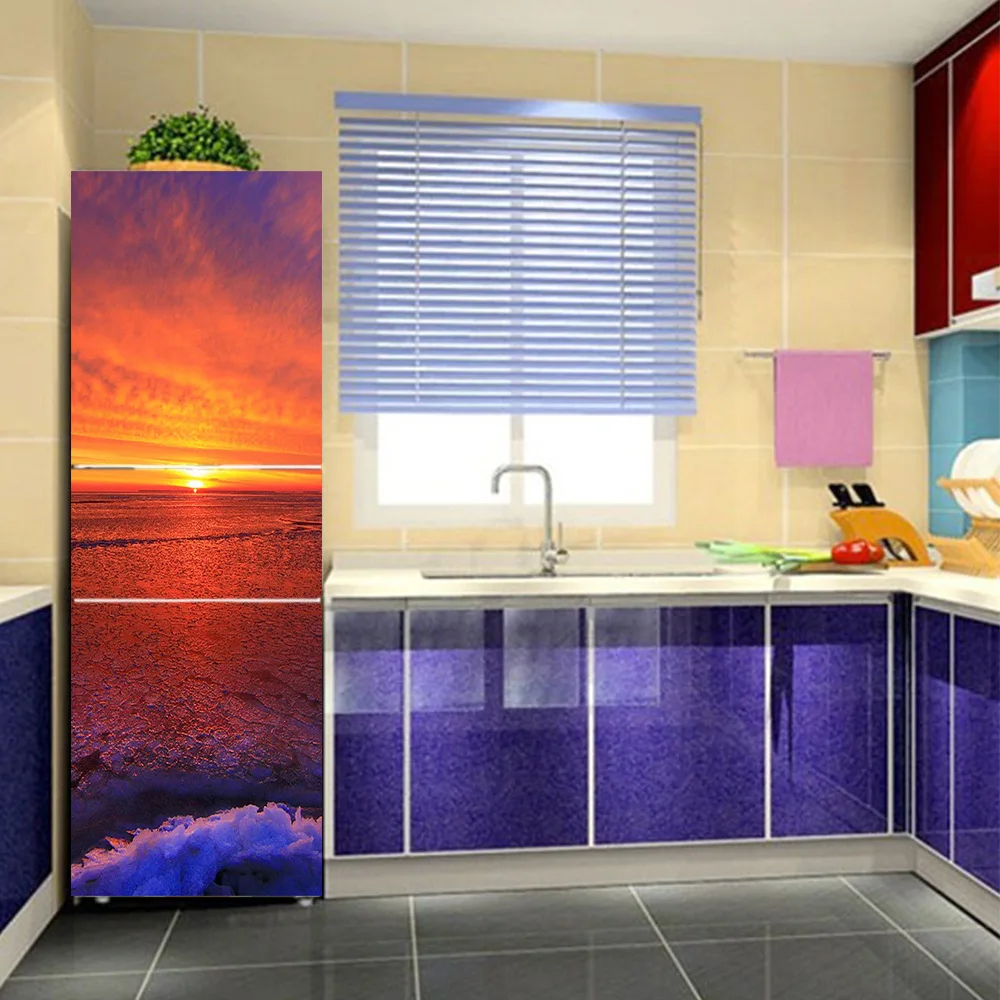 

Wholesale Red Sunrise On Sea Pictures SelfAdhesive Dishwasher Refrigerator Freeze Sticker Kid's Art Fridge Door Cover Wallpaper