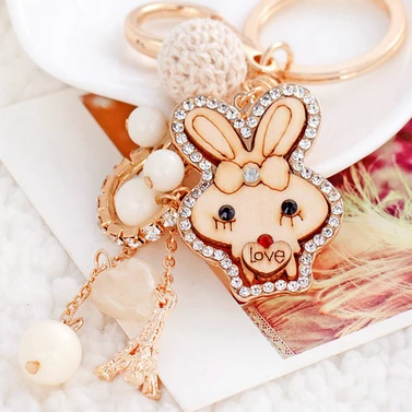 Free Shipping Fashion Animal Jewelry Rhinestone Lovely Buuny Pendant Beads Tassel Keychains Gold Color Keyring For Women Purse | Украшения