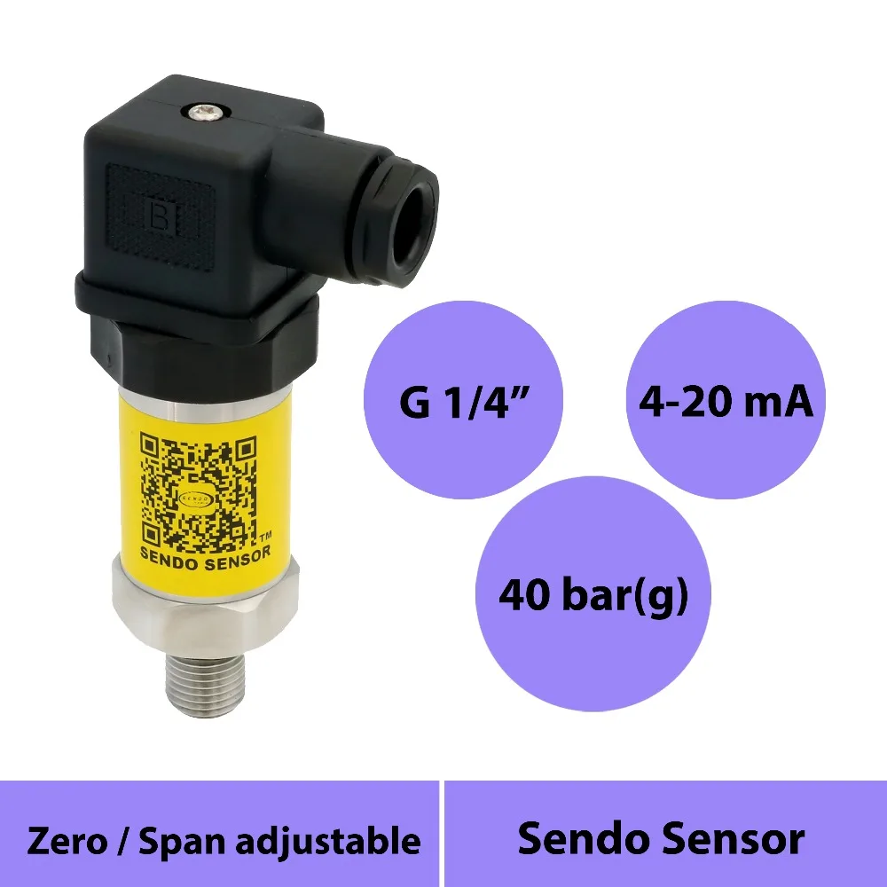 

4 to 20mA pressure sensor, pressure 0 40bar, 0 to 4mpa gauge, 12 to 36 volts excitation, g 1/4 in process connection, Hirschmann