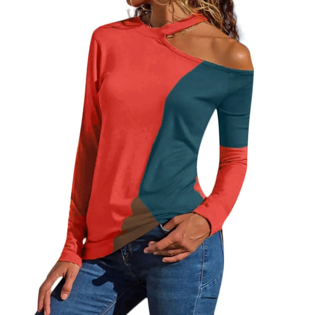

2019 fashion new clothing Hanging neck Plus Size Women Off Shoulder Asymmetric Patchwork Color Block Holiday T-Shirts top