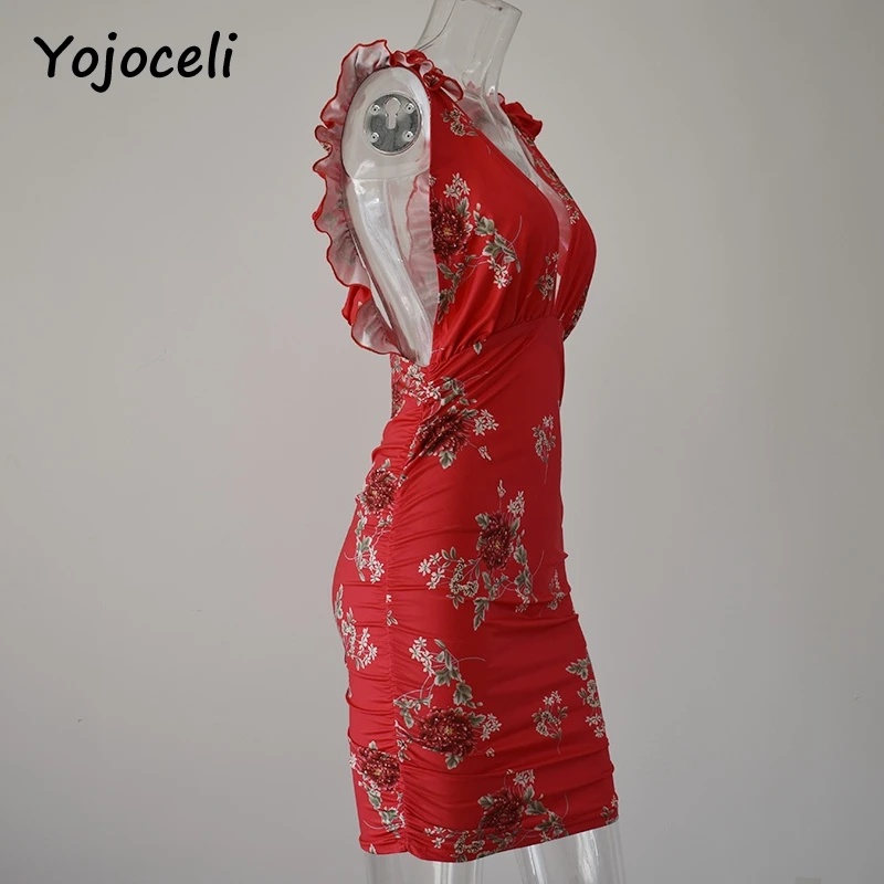 Yojoceli, шикарное платье с цветочным принтом, глубокий v-образный вырез, облегающее платье, женское Плиссированное Мини Короткое платье, Клубная праздничная одежда, женское платье
