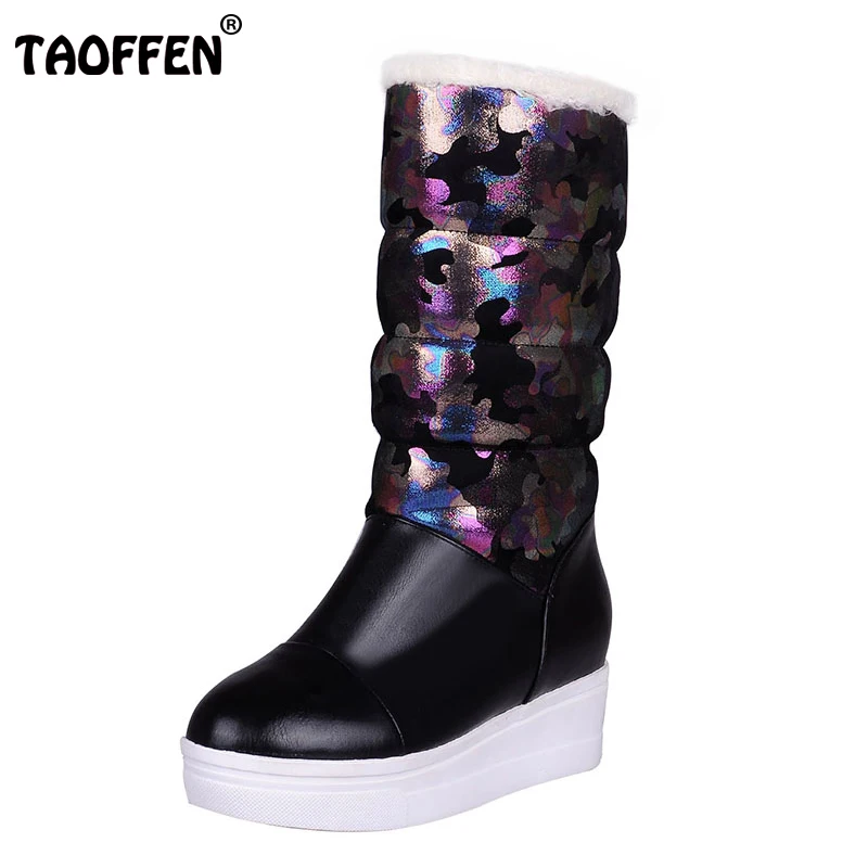 

TAOFFENSize 33-42 Women Mid Calf Wedges Boots Print Warm Fur Short Boots Platform Winter Shoes For Snow Botas Woman Footwear
