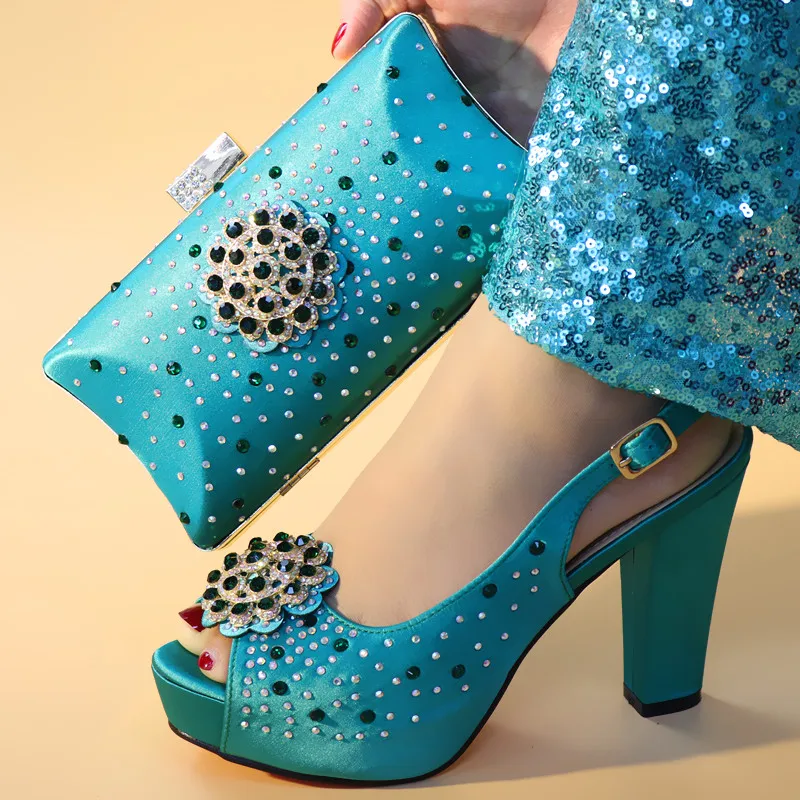 

2019 New Teal Italian Shoes with Matching Bags for Wedding Women Shoes and Bag to Match for Parties Nigerian Shoes and Bag sets
