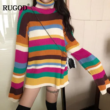 

RUGOD New Turtleneck Long Sweater Women Casual Striped Knitted Women Pullovers Thick Winter Clothes Women tops pull femme hiver