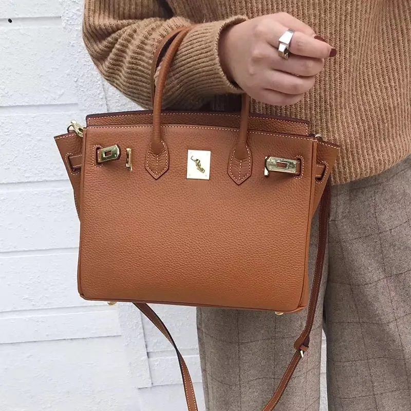 [Hely Coptar] 25CM Genuine Leather Luxury Designer Women Bags Brown Top-Handle Bags Cowhide Classic Style For Business Famous