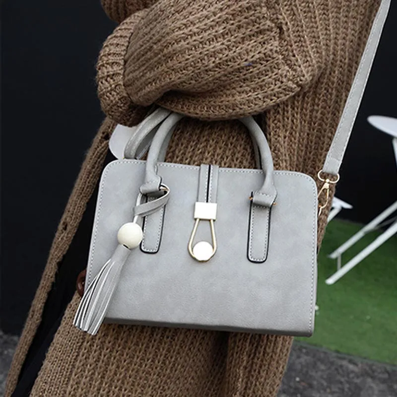 Korean Women Shoulder Bag PU Leather Tassel Bead Handbag Lady Crossbody