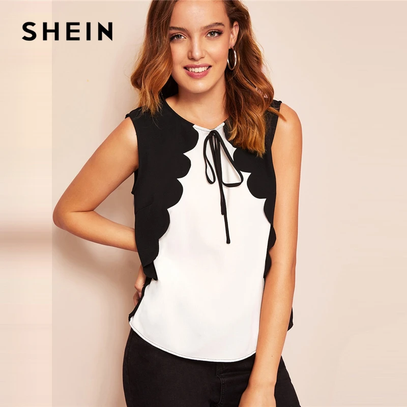 SHEIN الأسود والأبيض اثنين من لهجة صدفي تريم التعادل الجبهة زر أعلى Colorblock أكمام بلوزة المرأة الربيع أنيقة البلوزات SHEIN الأسود والأبيض اثنين من لهجة صدفي تريم التعادل الجبهة زر أعلى Colorblock أكمام بلوزة المرأة الربيع أنيقة البلوزات