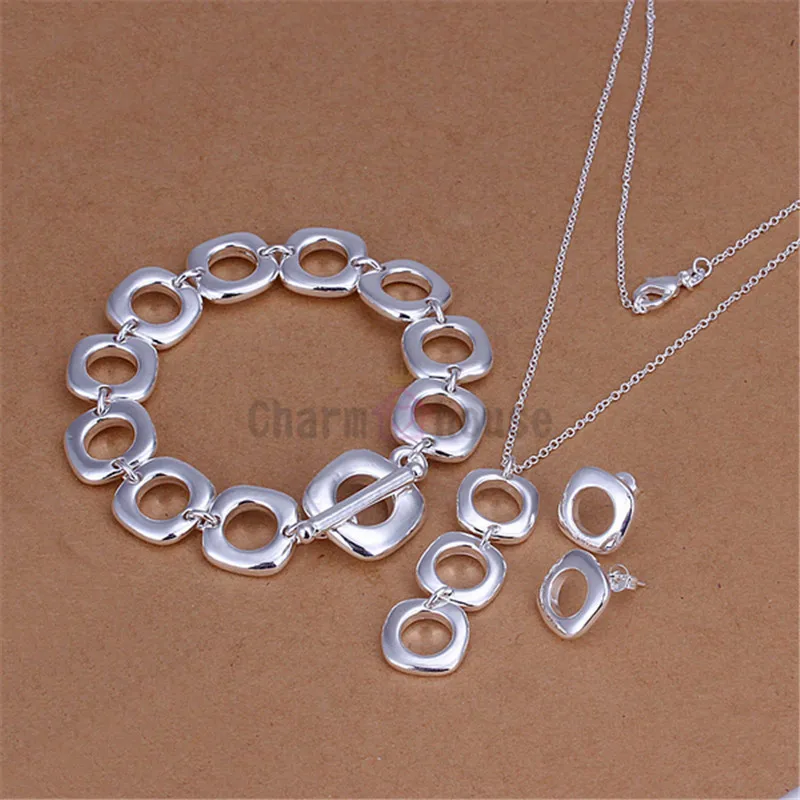 

Silver 925 Jewelry Square Bracelet Earring Necklace Decorations for Women 3PCS Costume Jewelery Sets Wedding Cocktail Bijoux