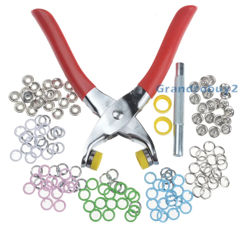 

100 Sets 9.5mm Prong Ring Press Studs Snap Fasteners Poppers Dummy Clip + Pliers