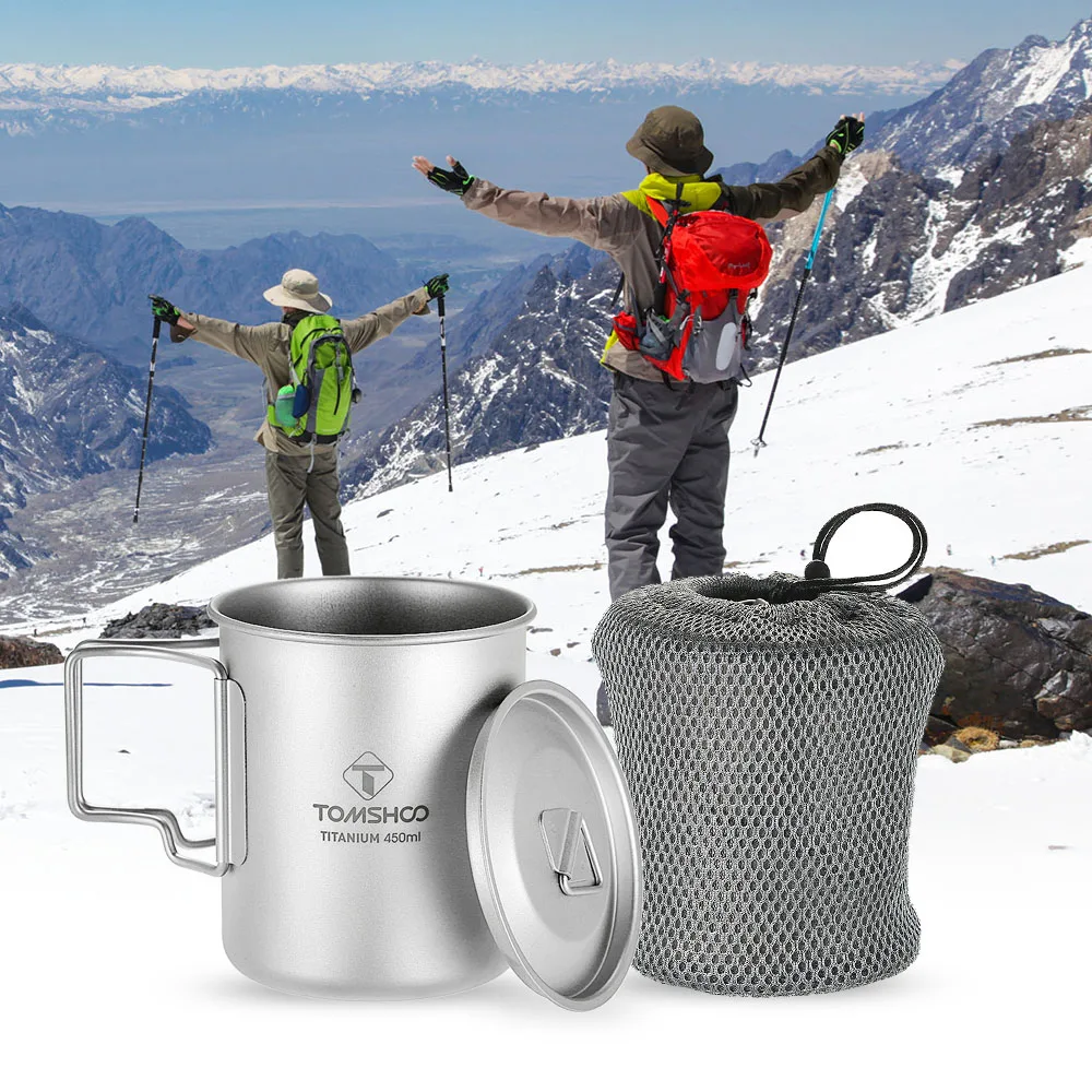 

TOMSHOO 450ml Titanium Cup Outdoor Water Cup Portable Camping Tableware Picnic Water Cup Mug with Lid Foldable Handle