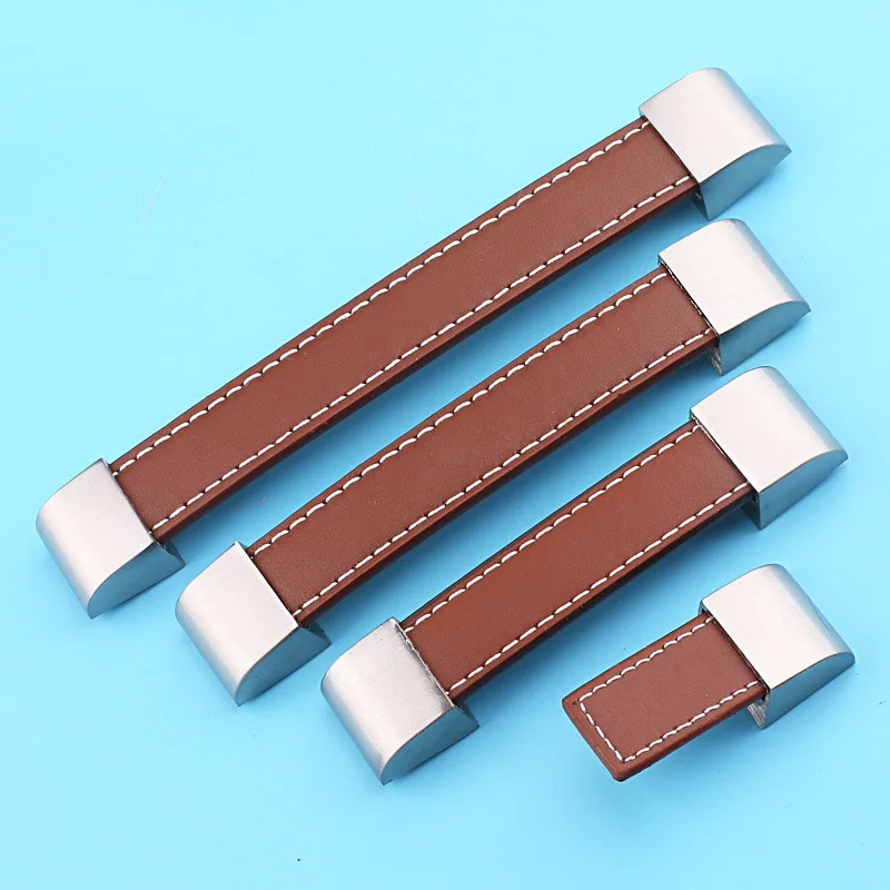 Brown Soft Leather Door Handles For Wardrobe Cupboard Drawer