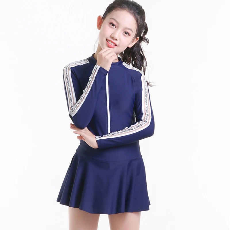 مراهق 10 سنة الفتيات طفح الحرس قطعة واحدة طويلة الأكمام تنورة ملابس السباحة الرياضة سستة الصلبة تصفح لباس سباحة Rashguard 2019