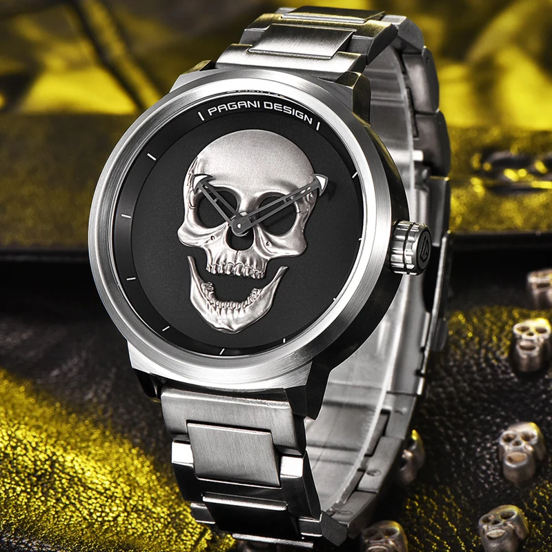 

PAGANI DESIGN Punk 3D Skull Personality Retro Fashion Men's Watches Large Dial Design Waterproof Quartz Watch relogio masculino