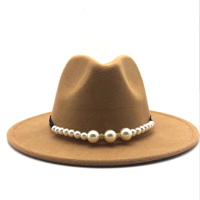 New Felt Hat Women Fedora Hats with Pearls Belt Vintage Trilby Caps Wool Fedora Warm Jazz Hat Chapeau Femme feutre Panaman hat 8