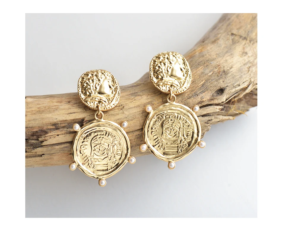 Дикие и свободные Винтажные висячие серьги с гравировкой в виде монет для женщин, многослойная золотая круглая серьга-подвеска, ювелирное изделие