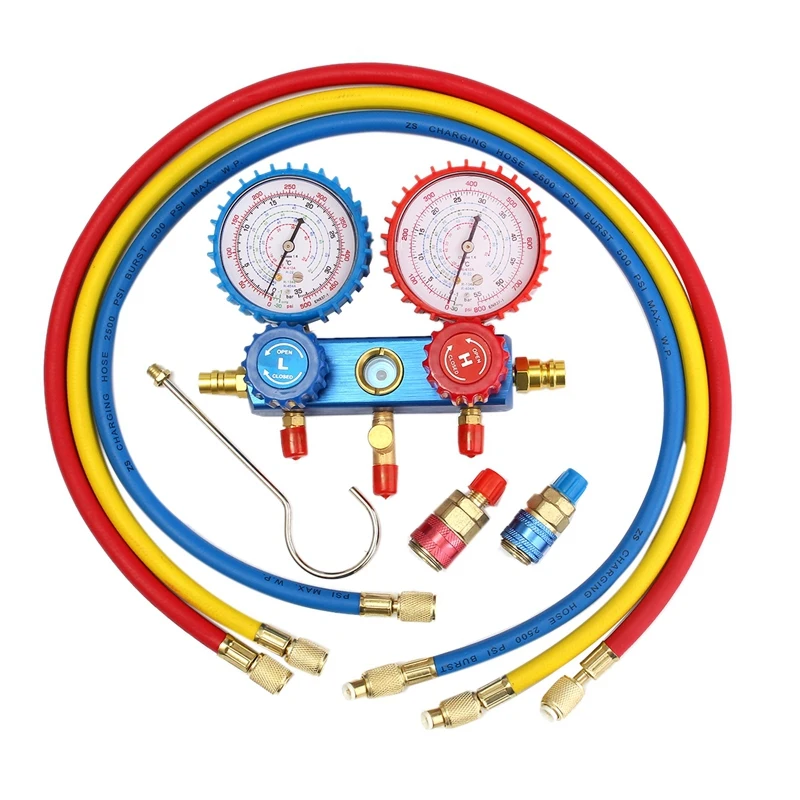 Автомобильный манометр, набор A/C R134A хладагента, зарядный шланг с 2 быстроразъемными муфтами Для R134A, кондиционер, холодильное оборудование - Цвет: Синий