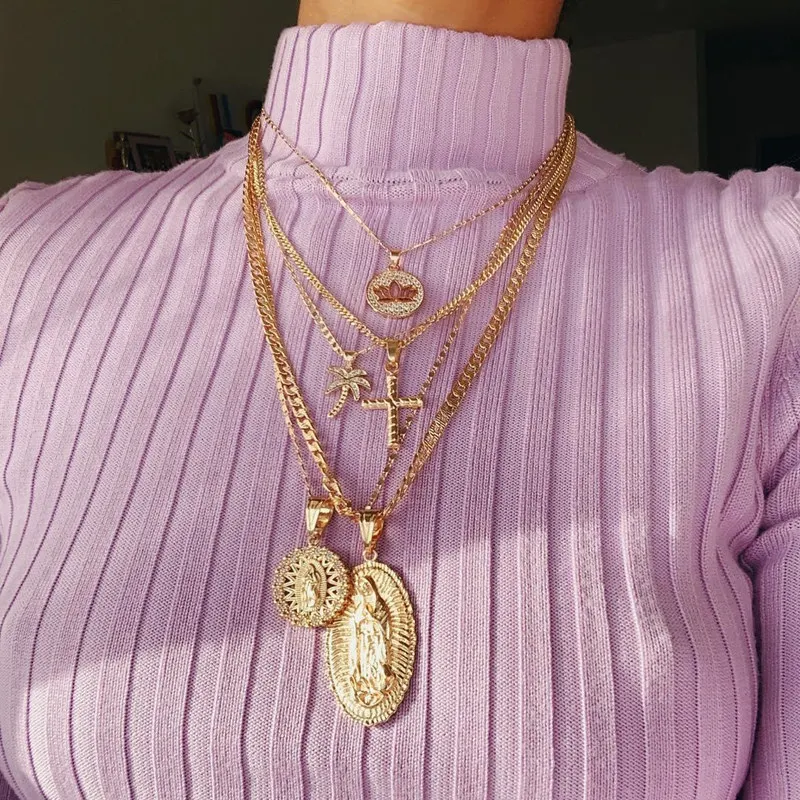 

Personality Punk Gold Lotus Cross Jesus Virgin Mary Pendant Necklace for Women Multi Layer Vintage Necklace Jewelry Accessories