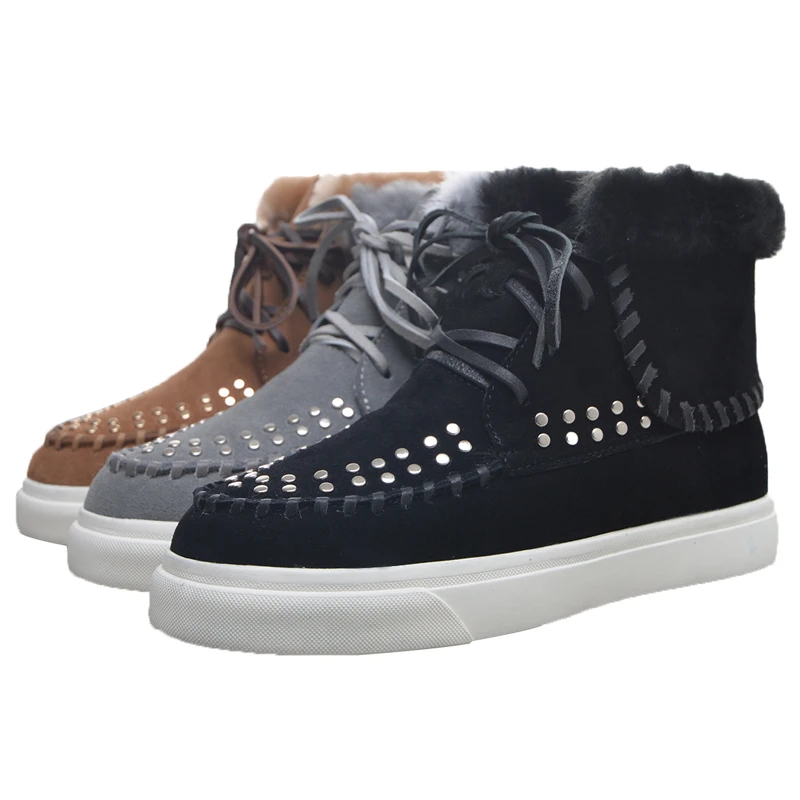 Coton Rivets Ronde Chaussures Femmes Courtes Tête gris Neige Bottes En Chaud Curvaness Laine marron Plat Noir Tube Bretelles De Cuir Mode qtAXa