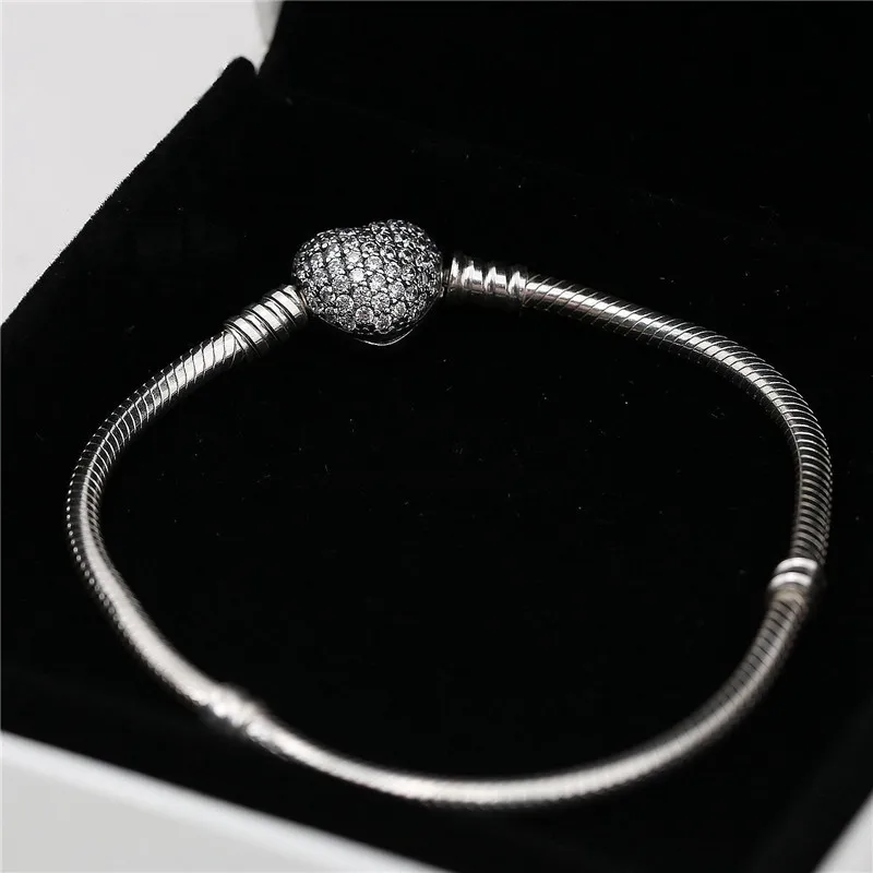 

100% 925 Sterling Silver Bead Charm Snake Chain Fit Moments Silver Pandora Bracelet With Pave Heart Clasp For Women DIY Jewelry