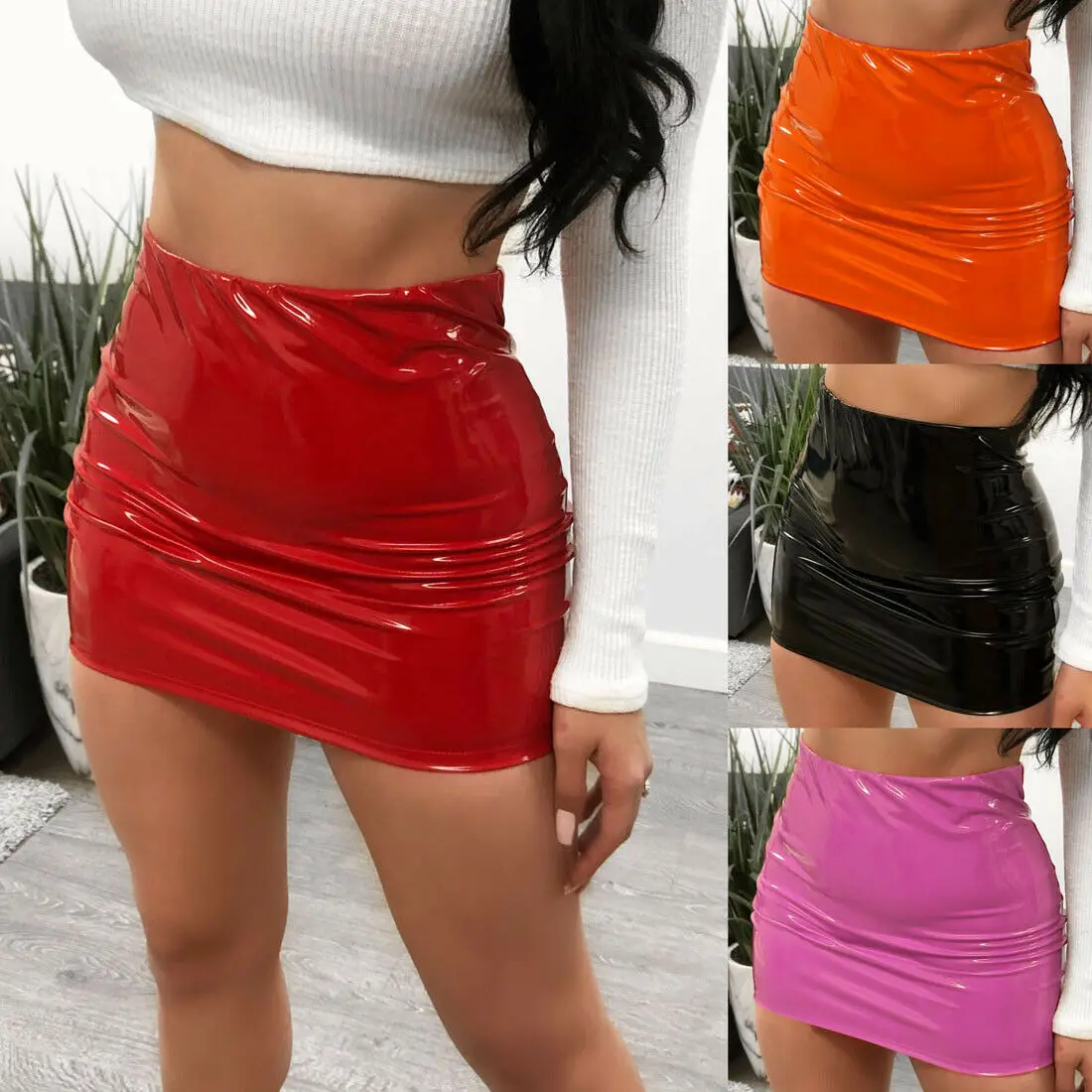 

Women Sexy PU Leather Skirts Elastic Waist Short Mini Skirt Clubwear New Lady Female Fashion Slim Pencil Skirts Sheath