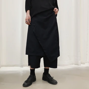 

Male Hip Hop Punk Gothic Streetwear Harem Trusers Kimono Pants Men Fake 2 Piece Spliced Loose Casual Black Wide Leg Skirt Pants