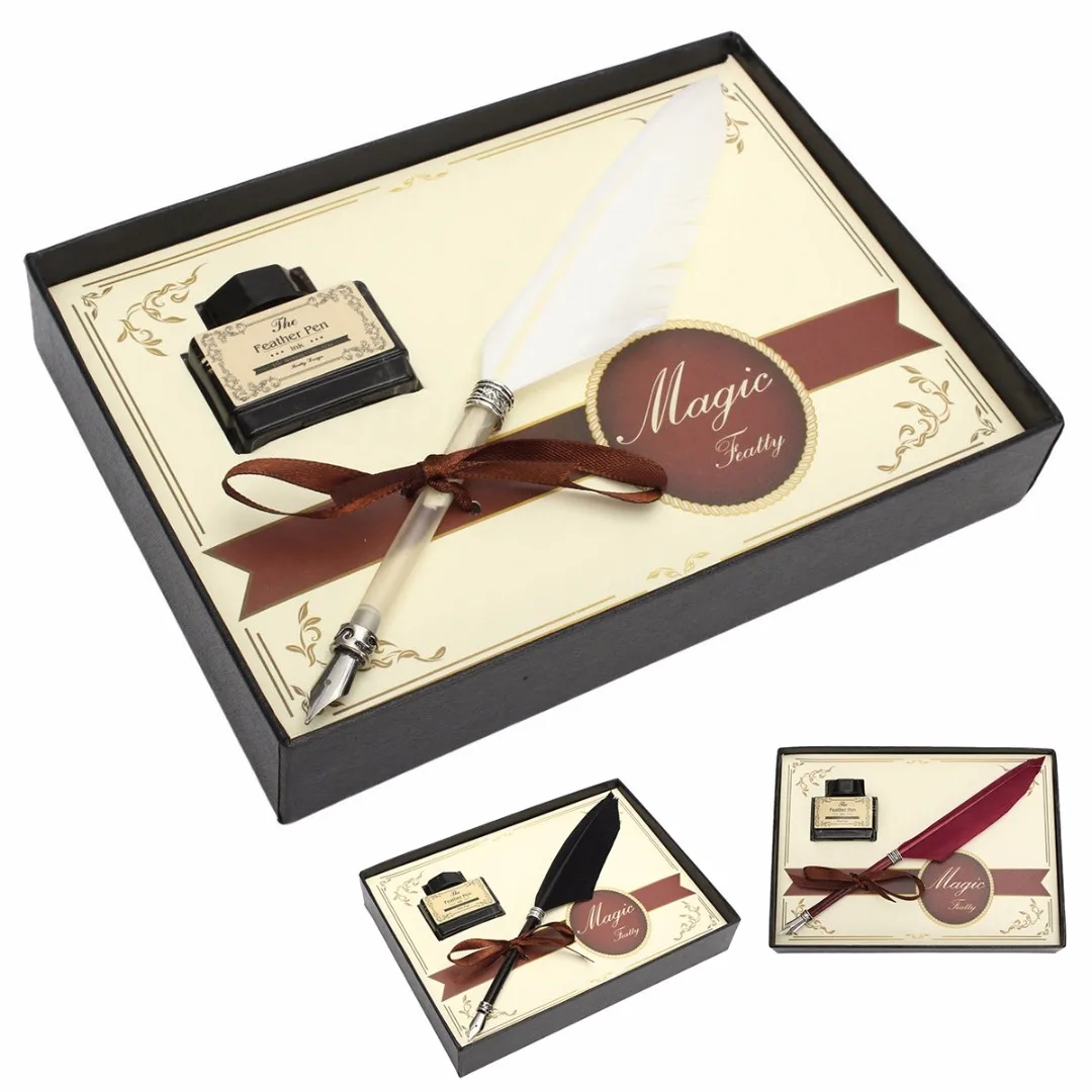 Russian English Calligraphy Feather Dip Pen Writing Ink Set Stationery Gift Box with 5 Nib Wedding Gift Quill Pen Fountain Pen