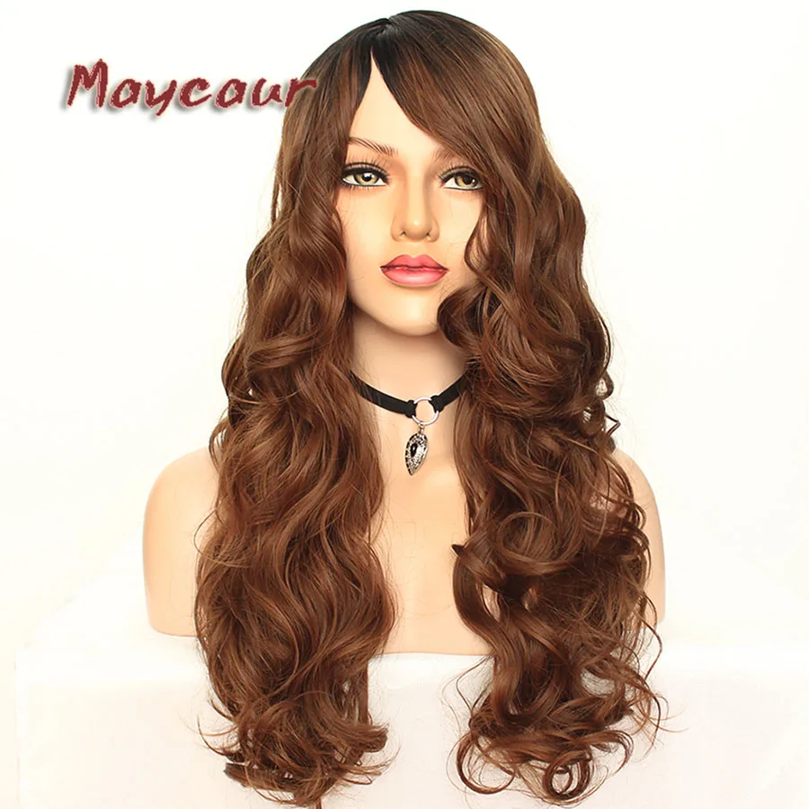 Maycaur Glueless Black Long Wavy Wig with Side Bangs Synthetic Hair Wigs for Women Heat Resistant Fiber Hair Wigs (7)