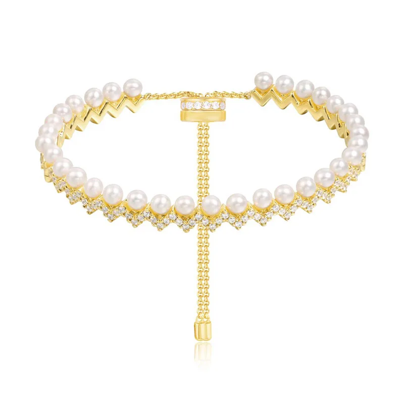 

SLJELY High Quality 925 Sterling Silver Yellow Gold Color Up and Down Zigzag Bracelet with Pearl Zircon CZ Monaco Women Jewelry
