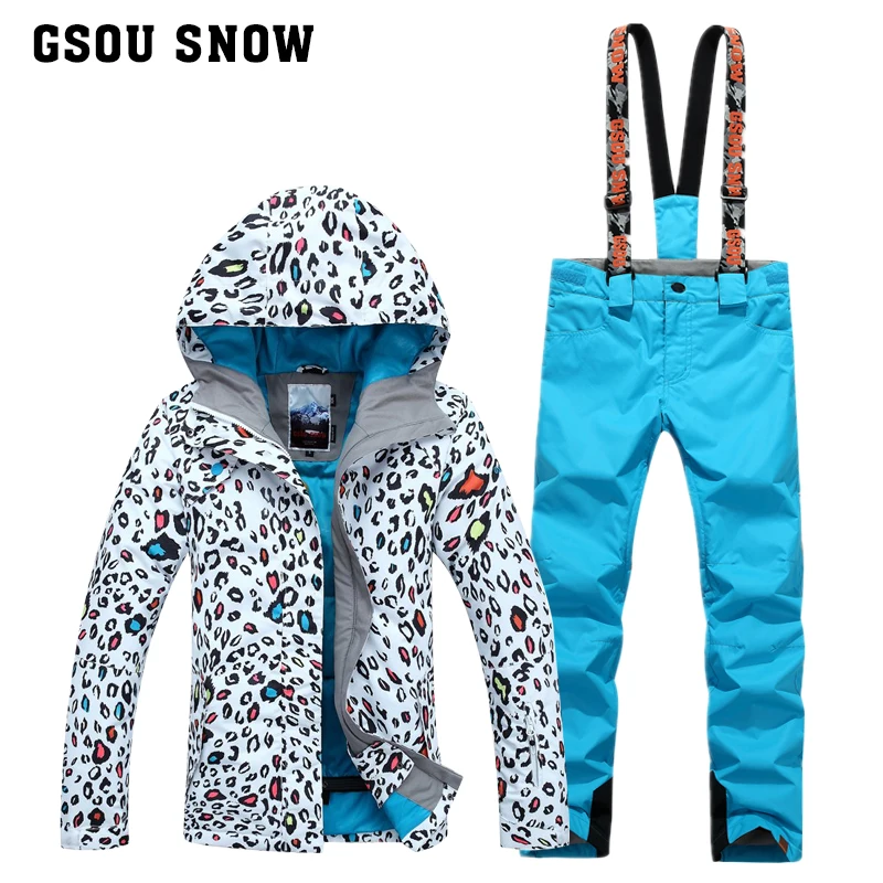 Gsou Snow ski jacket women leopard printed snowboard jacket warm snow skiing veste ski femme outdoor -30 degree skiwear