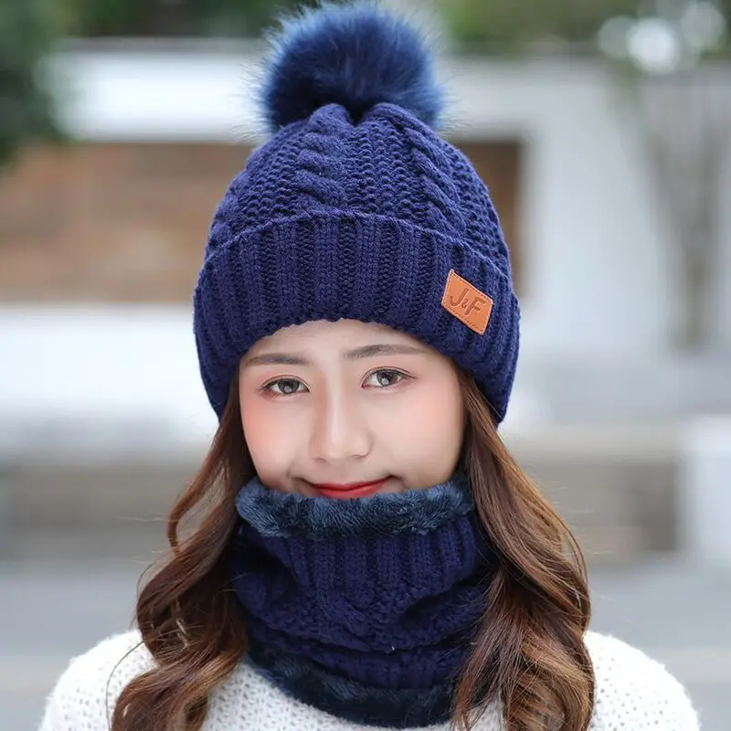 Зимний модный женский шарф, вязаная шапка, s Маска, женская теплая зимняя Лыжная шапка для женщин и девушек, Skullies Beanies шапки - Цвет: Dark blue