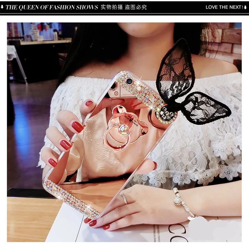 

for Huawei Honor p8 p9 p10 p20 lite plus mate 8 9 10 pro Cute Bear finger ring diamond lace ear soft mirror phone case cover