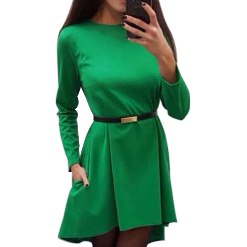 

Irregular Women Solid Dress 2019 Autumn Winter Long Sleeve O-Neck Elegant Casual Loose Office Lady Dresses Without Belt Q0074B