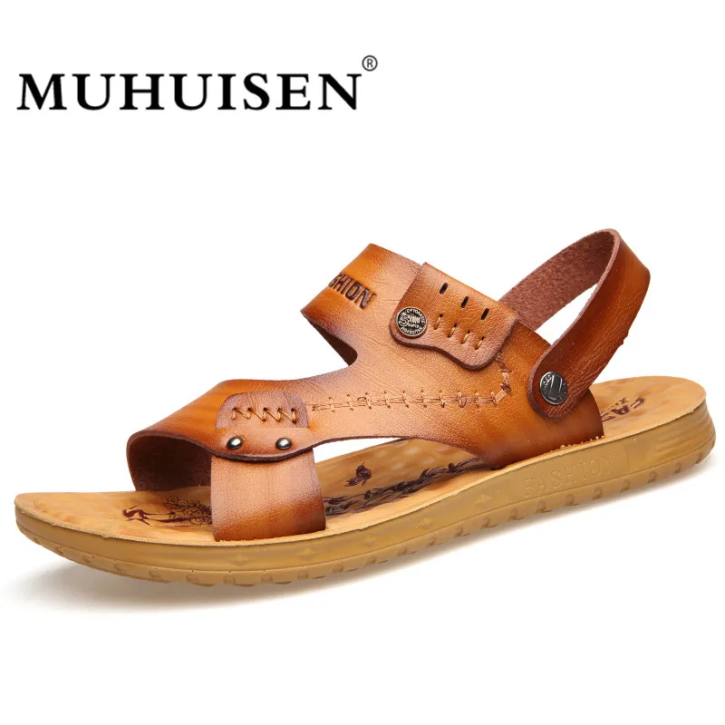 MUHUISEN Summer Men Sandals Fashion PU Leather Men's Beach Sandals Brand Male Casual Shoes Flip
