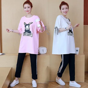 

Spring and summer Korean version of the loose pregnant women suit cartoon print shirt + ribbon stitching Harento belly pants