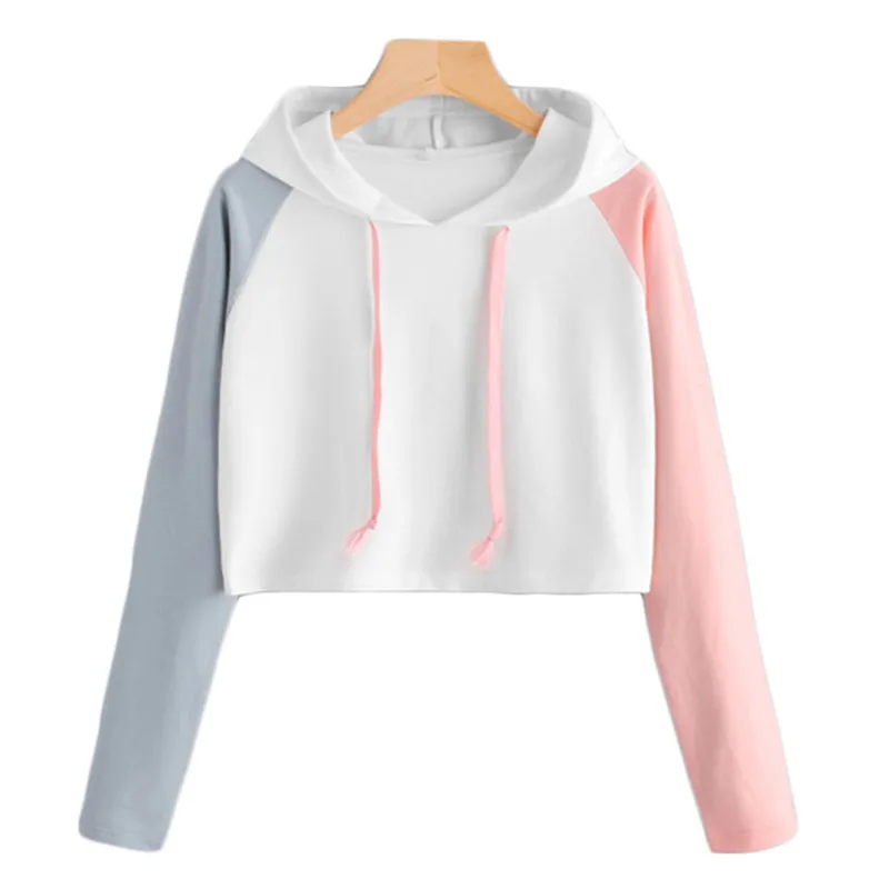 Alien Print Contrast Sleeve Graphic Hoodie Women Patchwork Long Crop Top Active Pullovers Casual Sweatshirt | Женская одежда