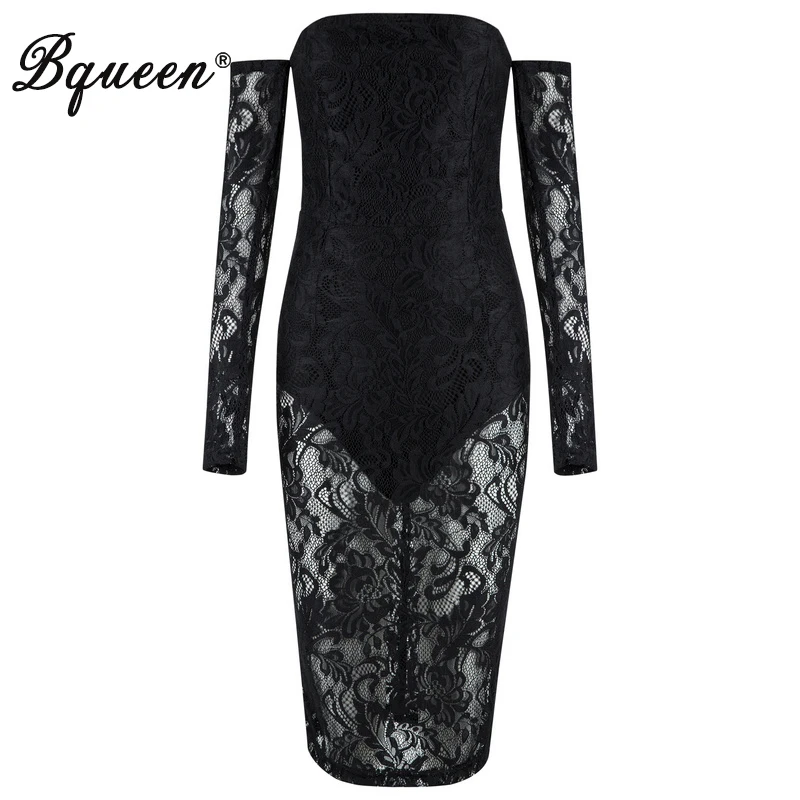 

Bqueen Elegant Lace Full Sleeve Black Autumn Women Bandage Party Dress Sexy Mini Off Shoulder Slash Neck Women Dress Vestidos