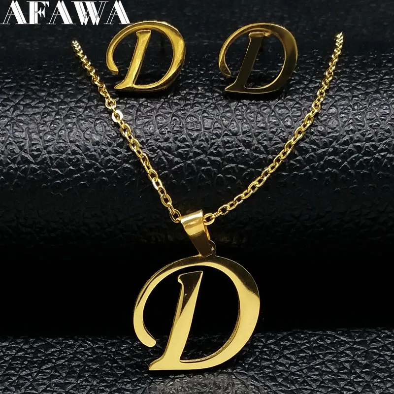 

2019 D Letter Stainless Steel Earrings Necklace Jewelry Sets for Women Gold Color Sets jewellery boucle d oreille 178409